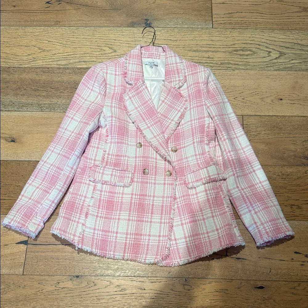 ☀️🌷FATE Pink and White Plaid Double-Breasted Blazer